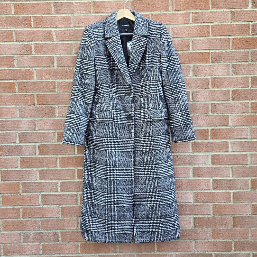 Express Plaid Houndstooth Long Winter Car Coat Size Madium Classy Feminine - Picture 2 of 9
